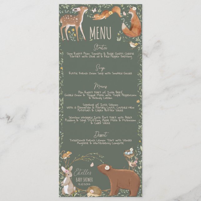 Woodland Animaux Forest Friends Menu Baby shower (Devant)