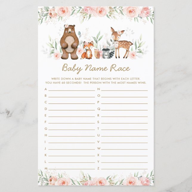 Woodland Animes Blush Floral Baby Name Race Game (Vorderseite)