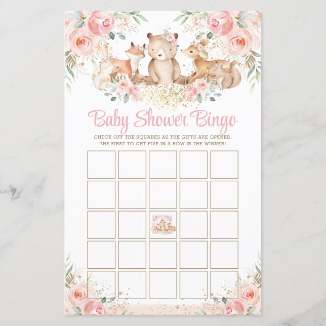 Woodland Animes Blush Floral Baby Shower Bingo (Vorderseite)