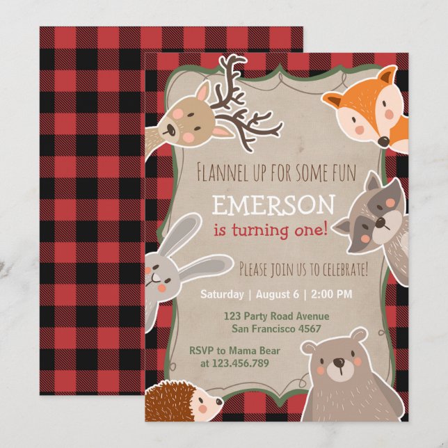 Woodland Anniversaire Invitation Lumberjack Fox Ou (Devant / Derrière)