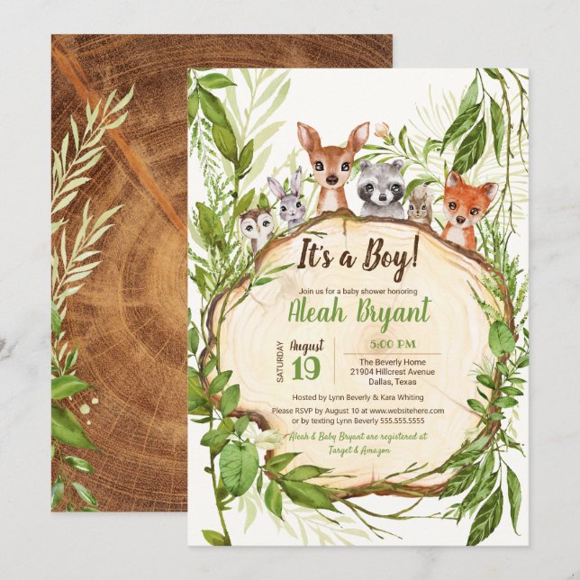Woodland Baby Animals Forest Boy Baby Dusche Einladung (Vorne/Hinten)
