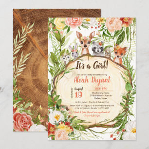Woodland Baby Animals Forest Girl Baby Dusche Einladung