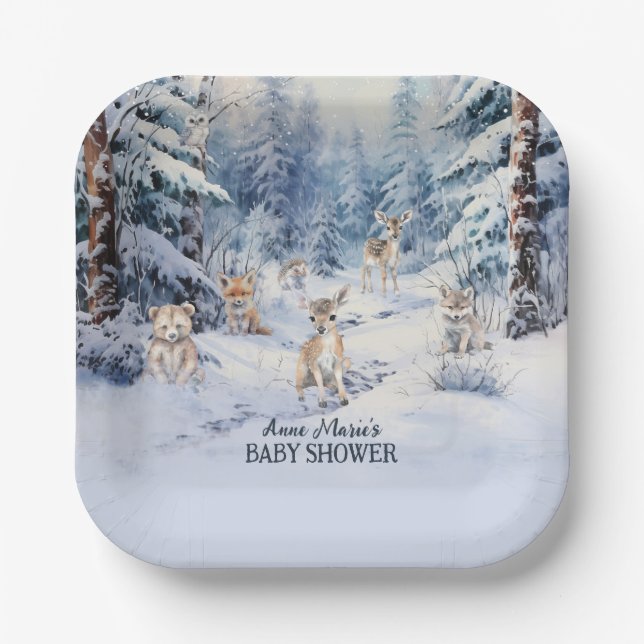 Woodland Baby Animals Winter Boy Baby Dusche Pappteller (Vorderseite)