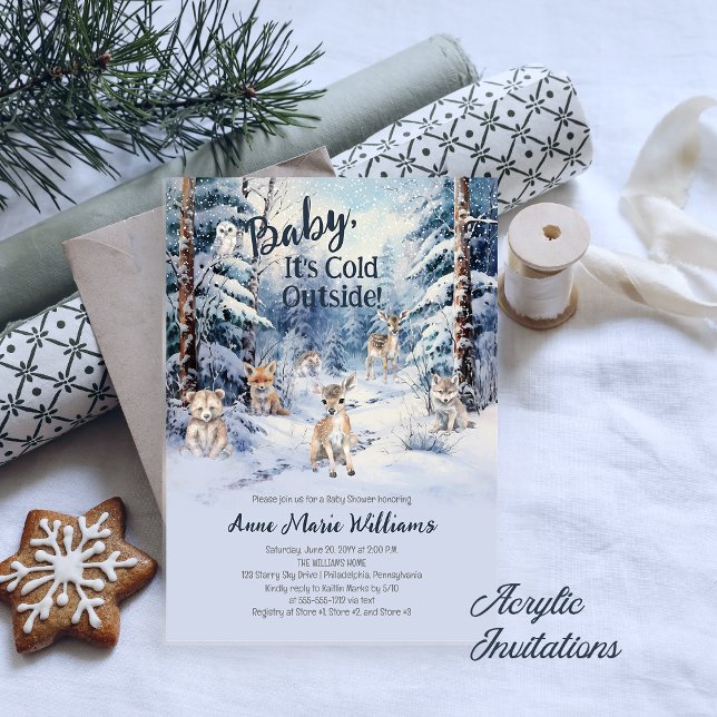 Woodland Baby Animals Winter Boy Baby Shower Acryleinladungen (Baby, It's Cold Outside Woodland Animals Blue Boy Baby Shower Acrylic Invitations)