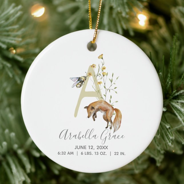 Woodland Baby Birth Stats Foto Monogram A Keramik Ornament (Easily personalize this baby birth stat ornament for a keepsake to cherish!)