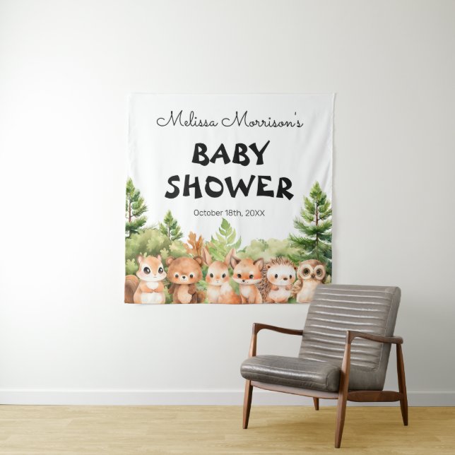 Woodland Baby Boy Dusche Party Fotoshot Wandteppich (Beispiel)