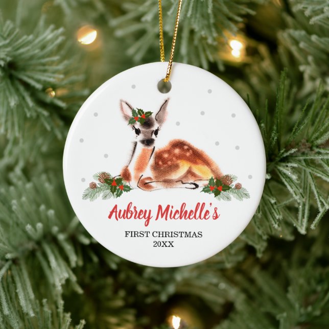 Woodland Baby Deer Personalized First Christmas Keramik Ornament (Baum)