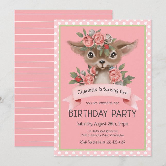 Woodland Baby Deer Pink Girl's Birthday Party Einladung (Vorne/Hinten)