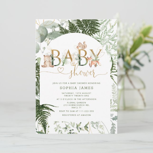 Woodland Baby Dusche Einladung (Stehend Vorderseite)