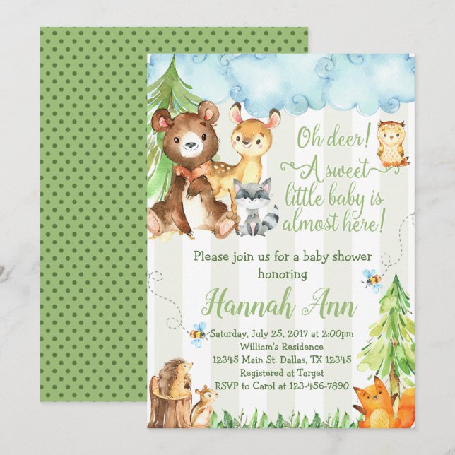 Woodland Baby Dusche Einladung Forest Friends (Vorne/Hinten)