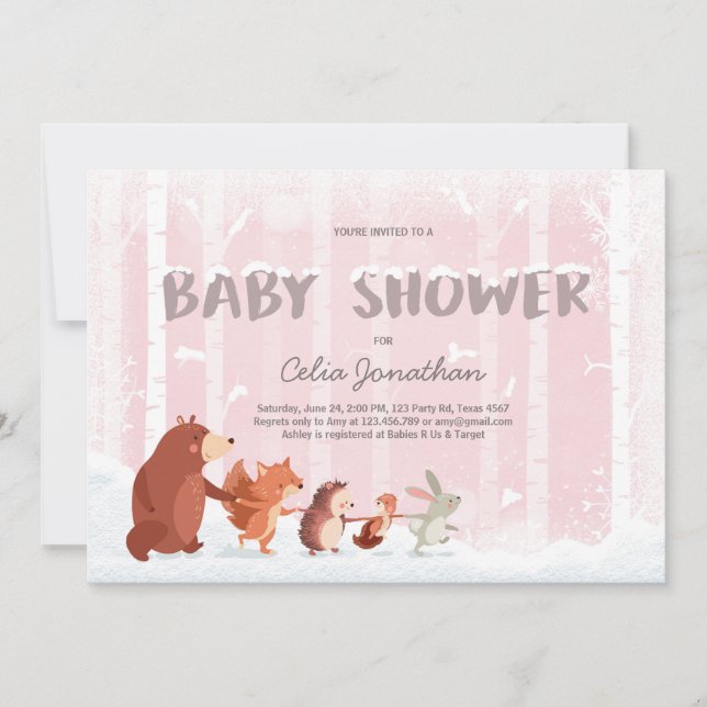 Woodland Baby Dusche Einladung Rosa Winterschnee (Vorderseite)