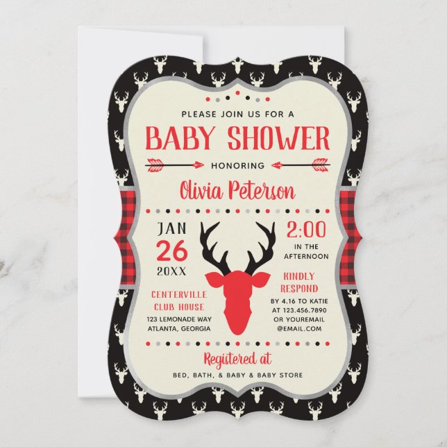 Woodland Baby Dusche Einladung, rot, schwarz, Kari Einladung (Vorderseite)