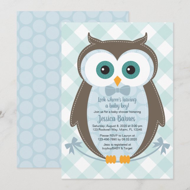 Woodland Baby Dusche Einladung Uhu Junge blau brau (Vorne/Hinten)