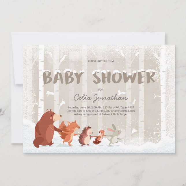Woodland Baby Dusche Einladung Winterschneeflocken (Vorderseite)