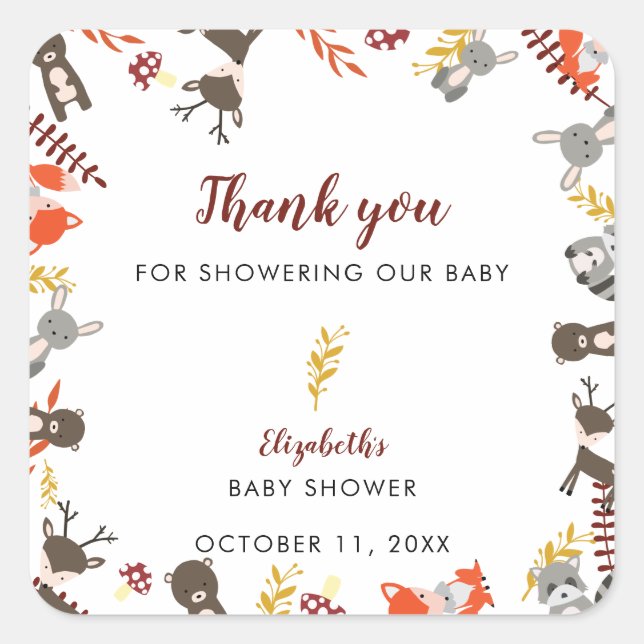 Woodland Baby Dusche Niedlich Forest Danke Fall Quadratischer Aufkleber (Vorderseite)