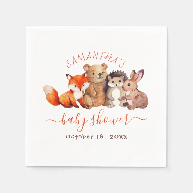 Woodland Baby Dusche Niedlicher Tiere Red Handwrit Serviette (Vorderseite)