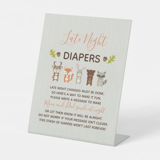 Woodland Baby Dusche Spätnächtliche Windeln signie Sockelschild (Vorderseite)