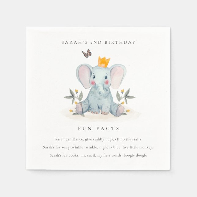 Woodland Baby Elephant Foliage Fun Fakten Geburtst Serviette (Vorderseite)