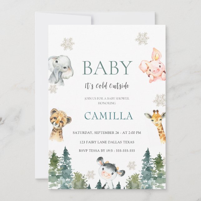 Woodland Baby Es ist kalte Außendusche Einladung (Vorderseite)