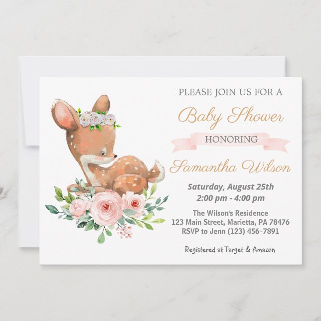 Woodland Baby Fawn Babydusche Einladung (Vorderseite)