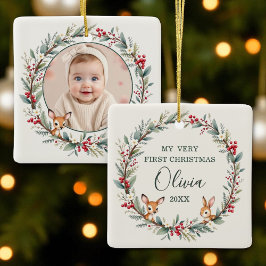 Woodland Baby First Christmas Maßgeschneidertes Fo Keramikornament