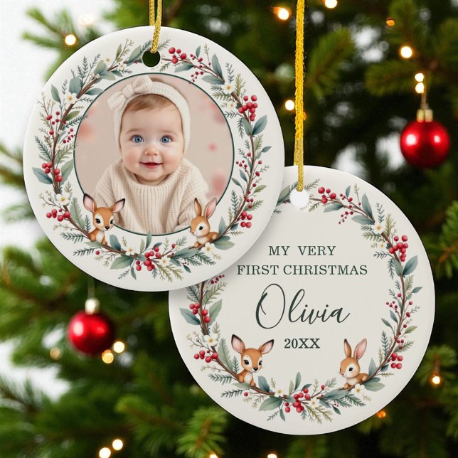 Woodland Baby First Christmas Personalisiertes Fot Keramik Ornament (Von Creator hochgeladen)
