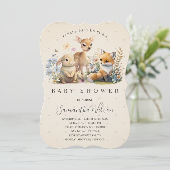 Woodland Baby Fox Deer Bunny Oaster Baby Showdusch Einladung (Stehend Vorderseite)