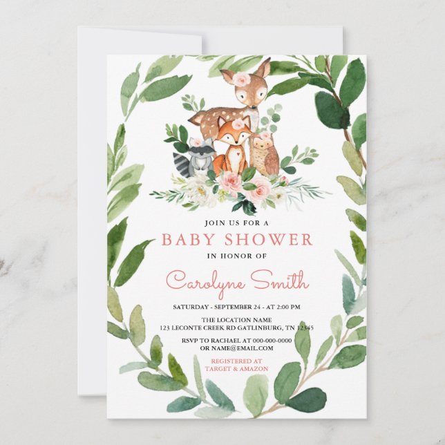 Woodland Baby Girl Babydusche Einladung (Vorderseite)