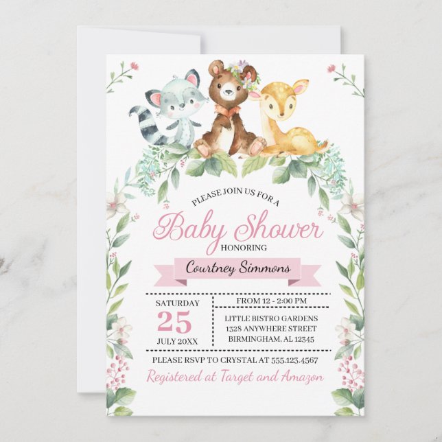 Woodland Baby Girl Babydusche Einladung (Vorderseite)