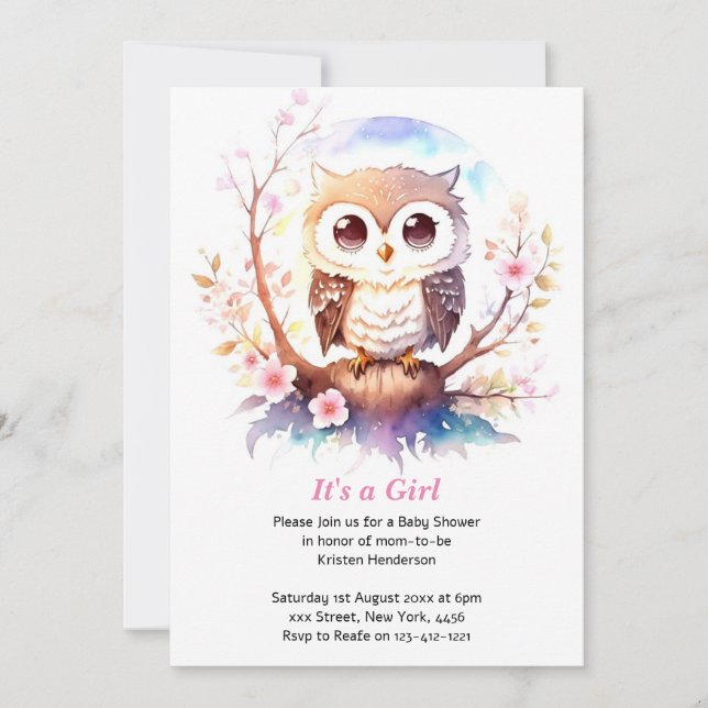 Woodland Baby Girl Shower zum Thema "Owl" Einladung (Vorderseite)