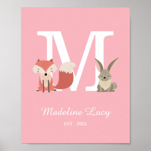 Woodland Baby Initial Monogram Pink Kinderzimmer Poster
