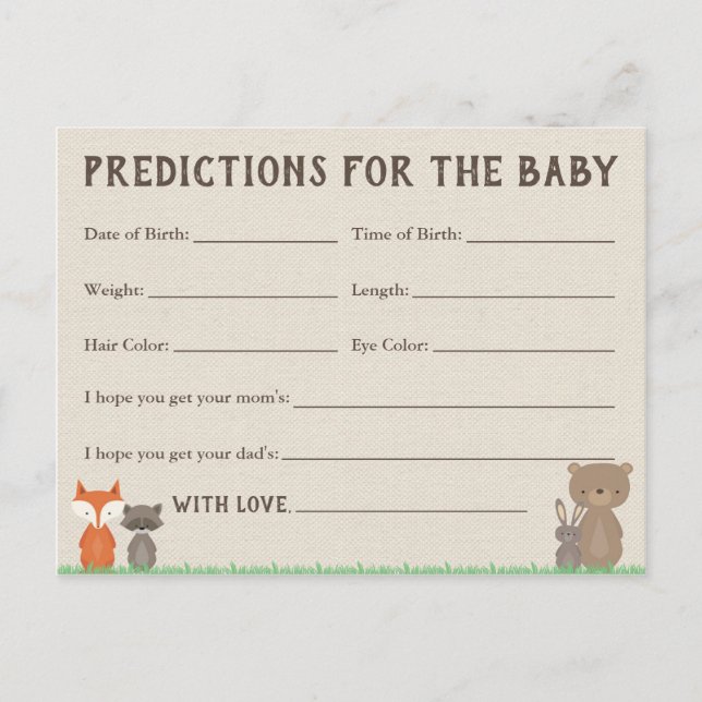 Woodland Baby Predictions Cards für Babydusche Einladungspostkarte (Vorderseite)