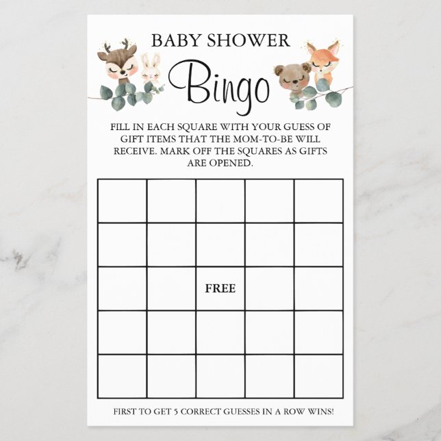 Woodland Baby Shooter Bingo Spielkarte Flyer (Vorne)