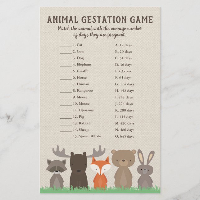 Woodland Baby Shower Animal Gestation Game Quiz (Vorderseite)