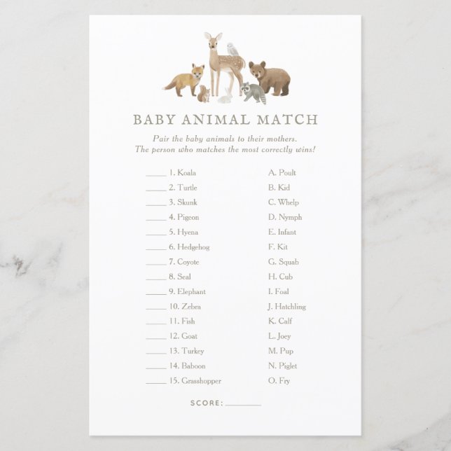 Woodland Baby Shower Baby Animal Match Game (Vorderseite)