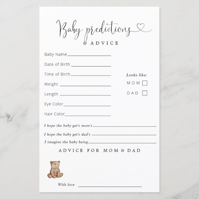 Woodland Baby Shower Baby Predictions Ratschläge (Vorderseite)