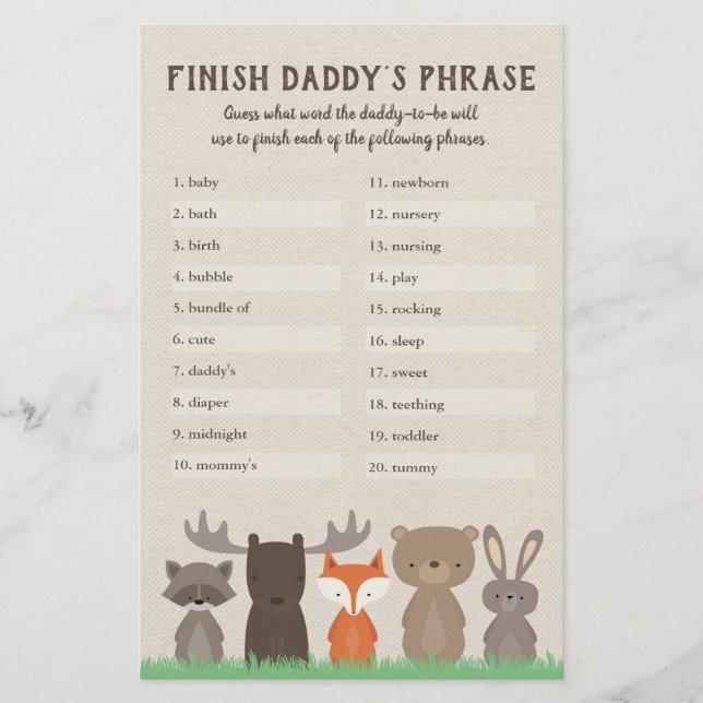 Woodland Baby Shower beendet Daddy's Phrase Game Flyer (Vorne)