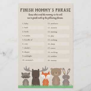 Woodland Baby Shower beendet Mommy's Phrase Game Flyer