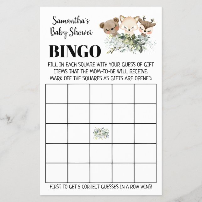 Woodland Baby Shower Bingo zweisprachige Spielkart Flyer (Vorne)