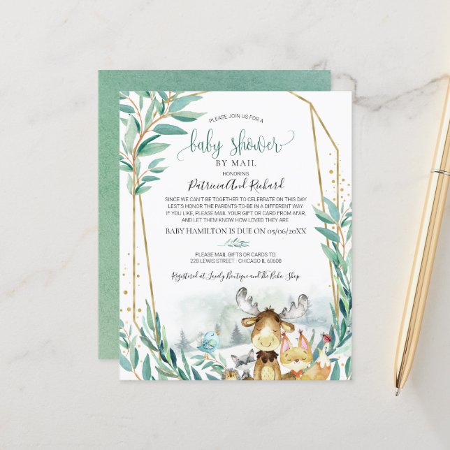 Woodland Baby Shower by Mail Einladung (Vorderseite/Rückseite Beispiel)