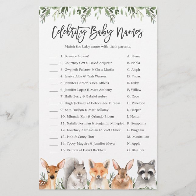 Woodland Baby Shower Celebrity Baby Names Game (Vorderseite)