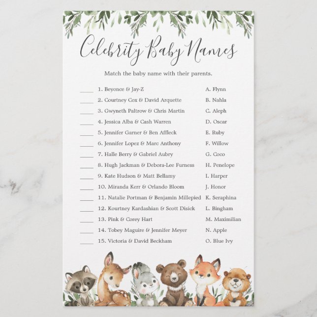 Woodland Baby Shower Celebrity Baby Names Game (Vorderseite)