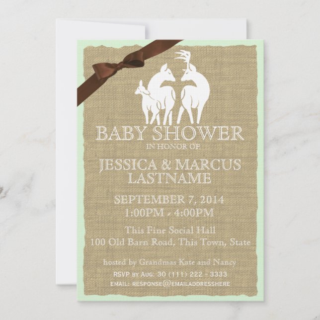 Woodland Baby Shower Deer and Burlap Einladung (Vorderseite)