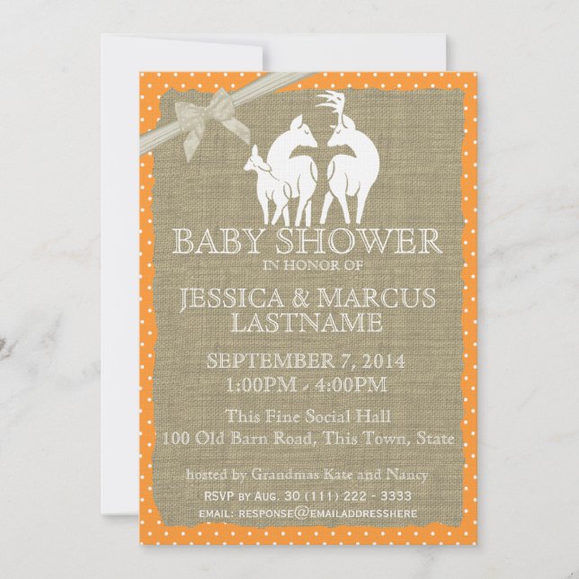 Woodland Baby Shower Deer and Burlap Einladung (Vorderseite)