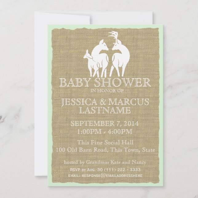 Woodland Baby Shower Deer and Burlap Einladung (Vorderseite)