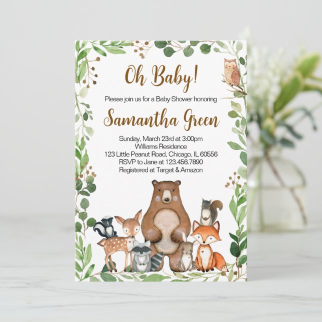Woodland Baby Shower Einladung (Stehend Vorderseite)