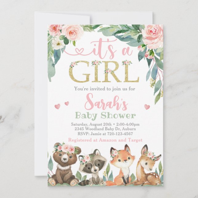 Woodland Baby Shower Einladung, es ist ein Mädchen Einladung (Vorderseite)