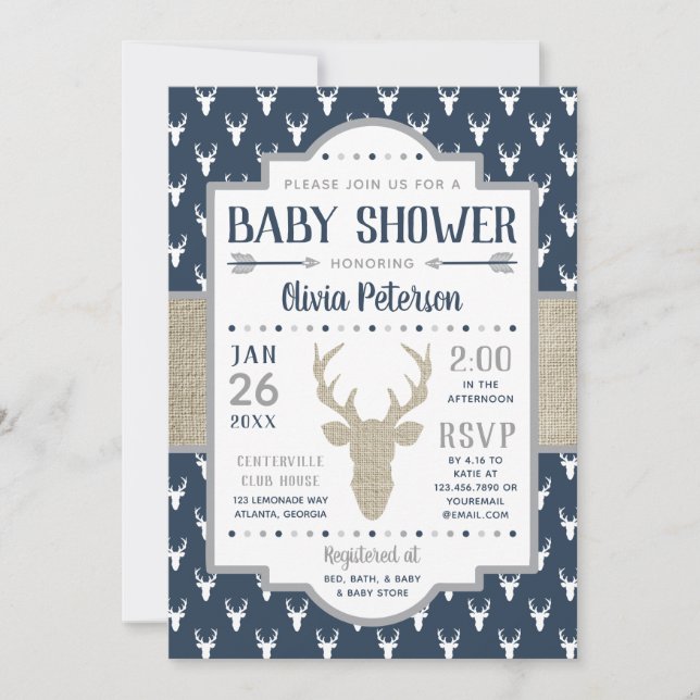 Woodland Baby Shower Einladung, Marine, Burlap Einladung (Vorderseite)