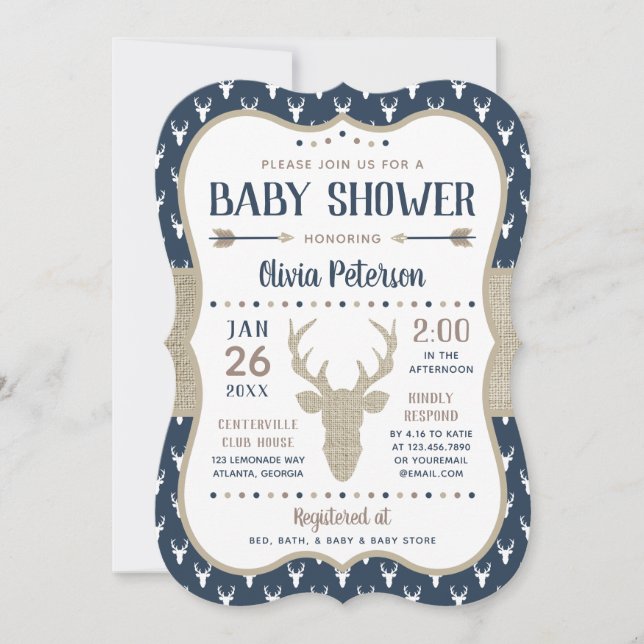 Woodland Baby Shower Einladung, Marine, Burlap Einladung (Vorderseite)