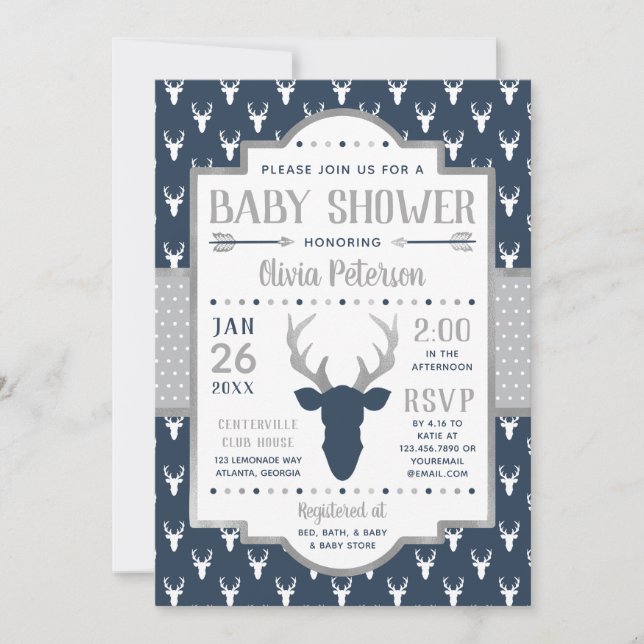 Woodland Baby Shower Einladung, Marine, Grau Einladung (Vorderseite)